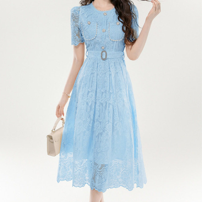Elegant French Style Lace Embroidered Short Dress Waist Cinching Design Fashionable Silhouette Ideal for Parties