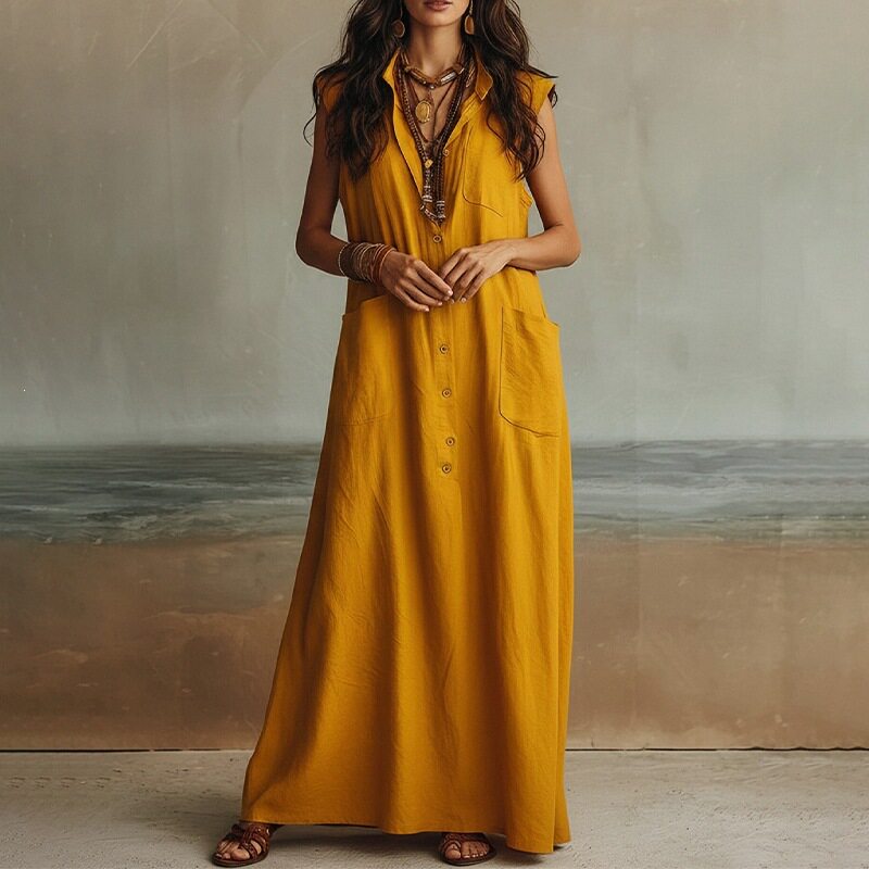 Loose Fit Button Up Long Dress Solid Color French Style Casual Vacation Wear Available for Wholesale