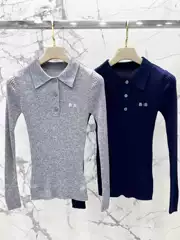 Early Autumn New Alphabet Jacquard POLO Collar Long-sleeved Knitted Shirt Slim-fit All-match Base Pullover Wool Top for Women