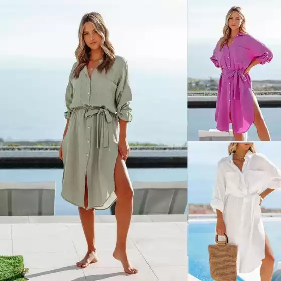 Dress 2025 Spring New Arrival Cross-border Foreign Trade Women's Clothing eBay Amazon Hot Selling Solid Color Long Sleeve Shirt Dress