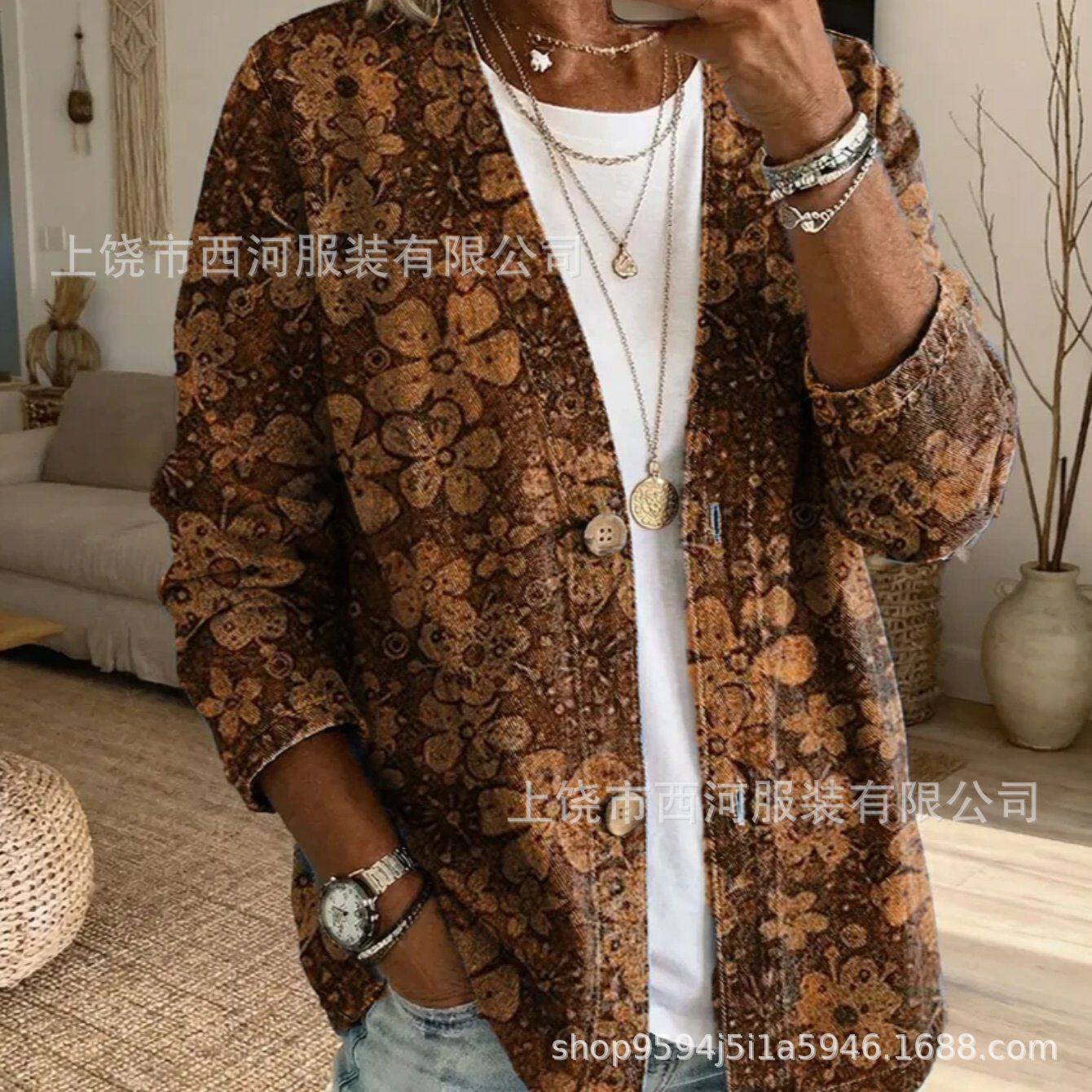 新款跨境独立站2026春季女装花卉印花V领休闲女装衬衫上衣复古