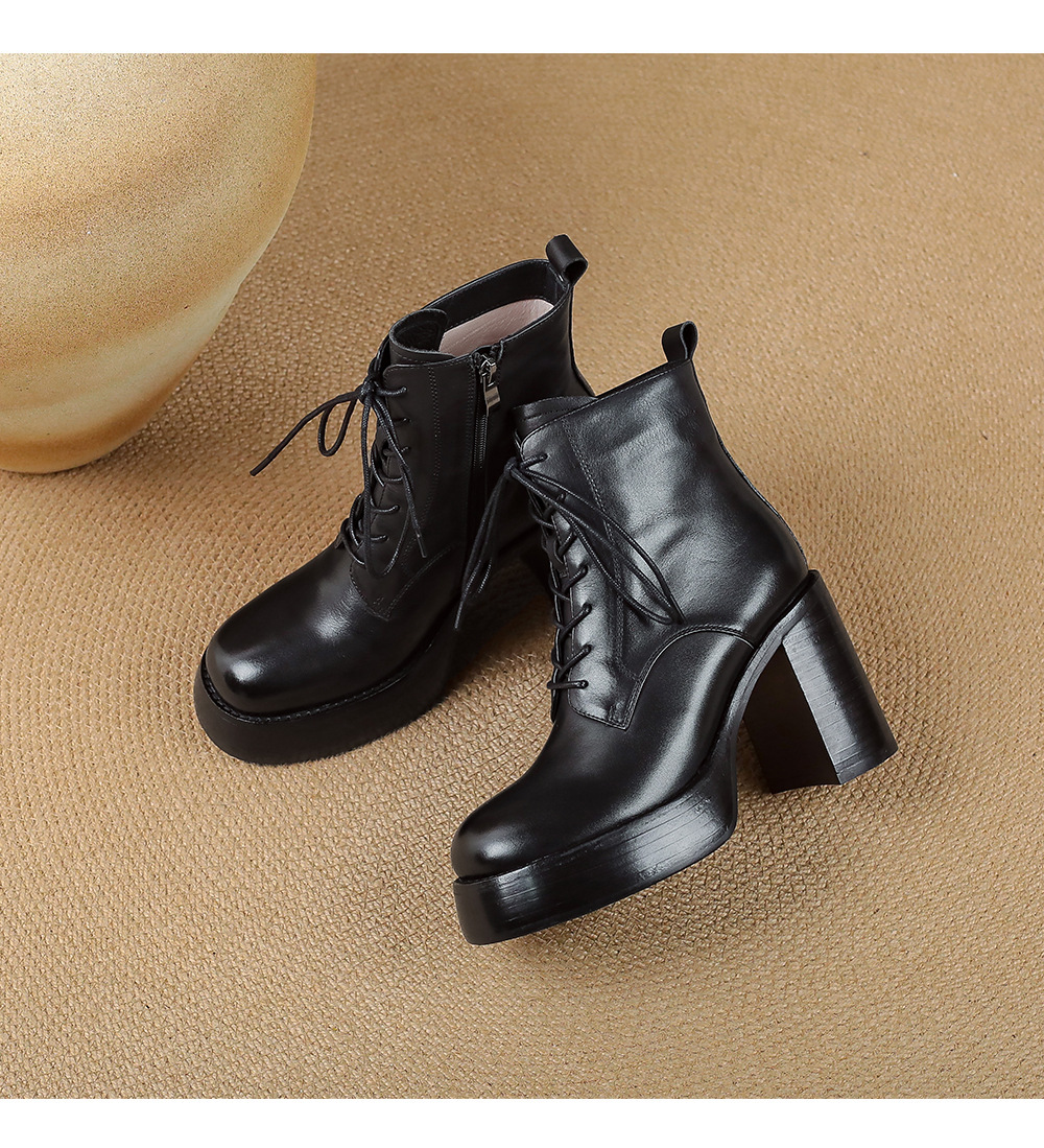 Boot Martin nữ đế dày gót thô buộc dây tăng chiều cao mũi tròn da bò thật — Lớp lót đơn màu nâu, Lớp lót nhung màu nâu, Màu đen một lớp, nhung đen