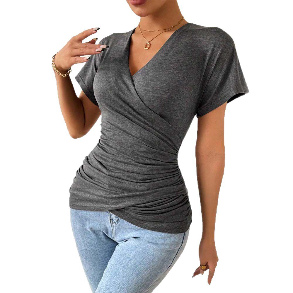 Knit Deep V Neck Top Slimming Waist Ruched Design Sexy Casual Wear for Women Wholesale Available