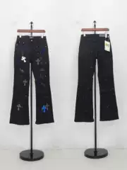 Amy's New Men's Jeans with Street-Style Ripped Design, Embroidered Cross Patches, Rhinestones, Slight Flare, Slim Fit, Stretchy, Same Style as Internet Celebrities