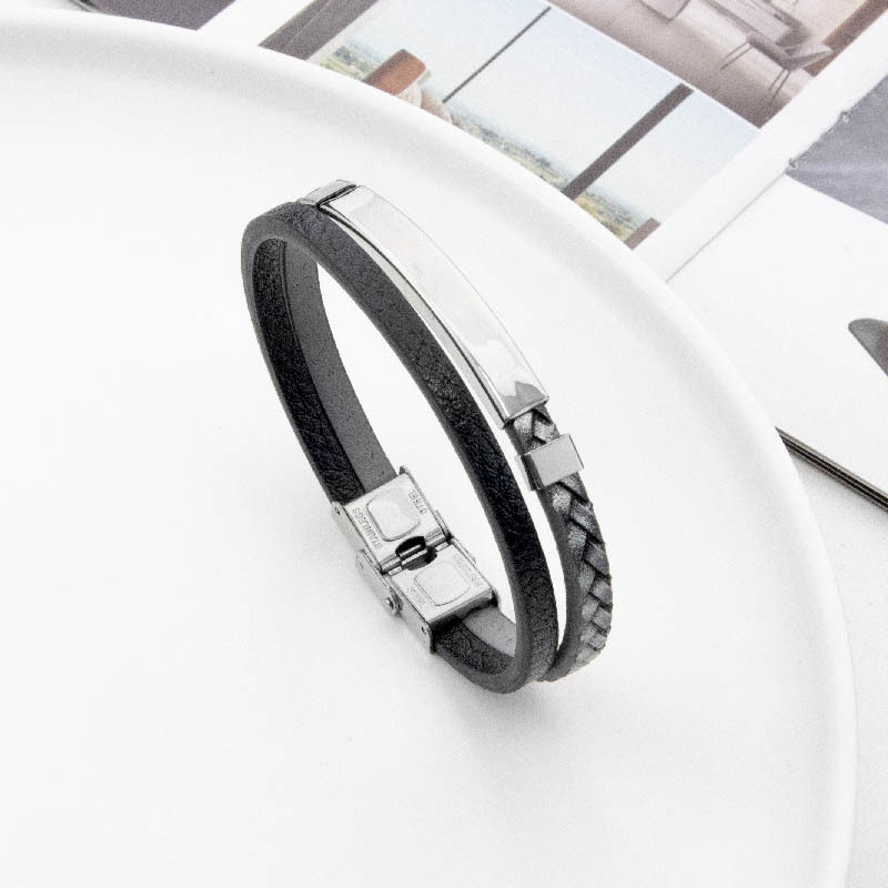 European and American Cross-border PU Leather Woven Distinctive Men's Engraving Bracelet Fashion All-match Titanium Steel Bend Brand Men's Hip-hop Bracelet