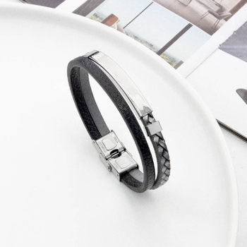 European and American Cross-border PU Leather Woven Distinctive Men's Engraving Bracelet Fashion All-match Titanium Steel Bend Brand Men's Hip-hop Bracelet