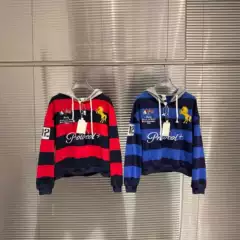 2026 Spring and Autumn New Style P@Otocol Retro Striped Patchwork Slogan Horse Buttoned Hooded Sweatshirt Wholesale