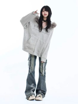 Curryman American Retro Fur Collar Hooded Sweatshirt Jacket for Women in Autum Design Loose Zipper Cardigan Versatile