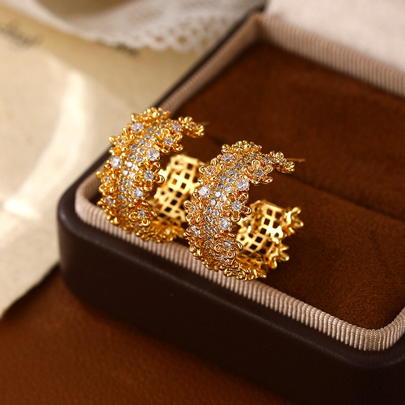 C-ring personalized earrings, grand and exaggerated zircon earrings, light luxury, high-end, small fragrance, high-quality earrings