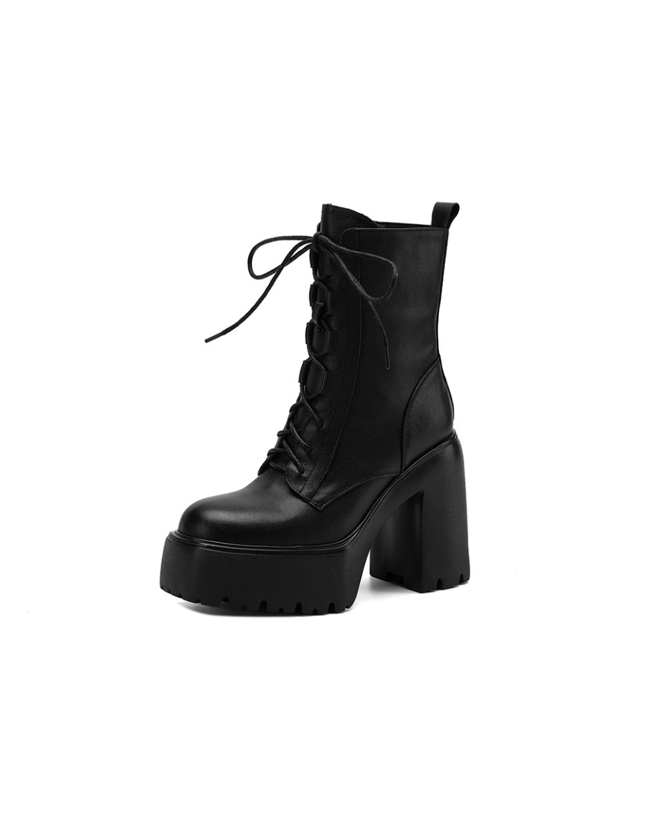 Boot nữ cổ ngắn da bò thật gót thô 12cm phong cách Anh Quốc — Lớp lót đơn màu đen, Lót nhung đen