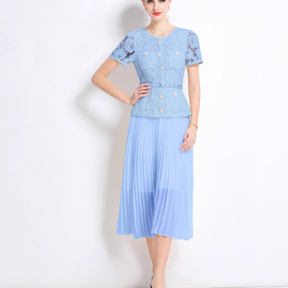 French Style Elegant Short Sleeve Lace Dress Slim Fit Round Neck Beaded Design Pleated Mid Length Perfect for
