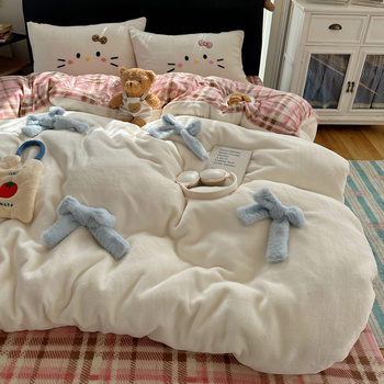 Ins Stereo Bow Milk Velvet Bed Four-Piece Set Winter Thickeneded Coral Velvet Rabbit Velvet Girl Three-Piece Set
