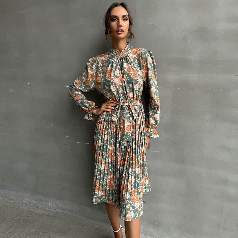 Floral Long Sleeve Midi Dress High Neck Elegant Design Trendy Style Perfect for Parties and Events Wholesale