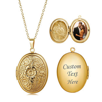 316L Cross-border Hot Selling Stainless Steel Women's Necklace Vintage Pattern Oval Openable Photo Frame Photo Box silver Gold