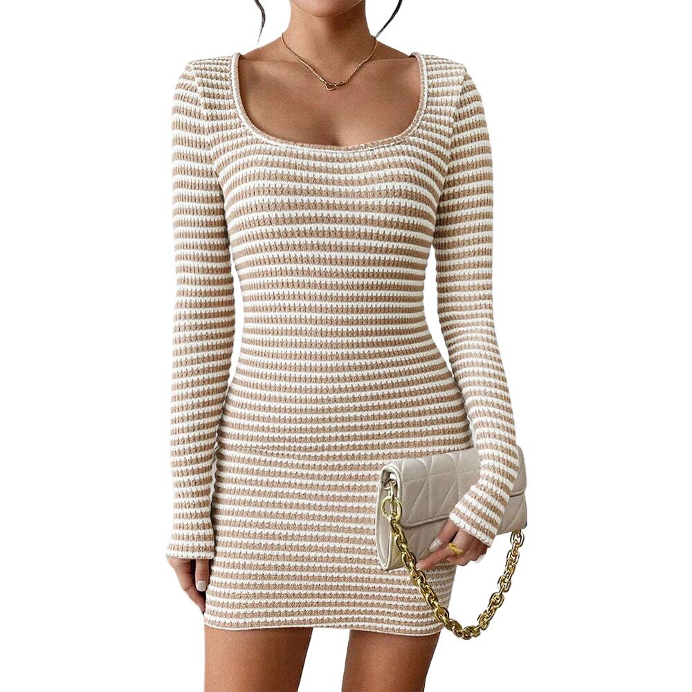 Womens Bodycon Dress Solid Color U Neck Long Sleeve Striped Skirt Spring Summer Fashion Wholesale Available