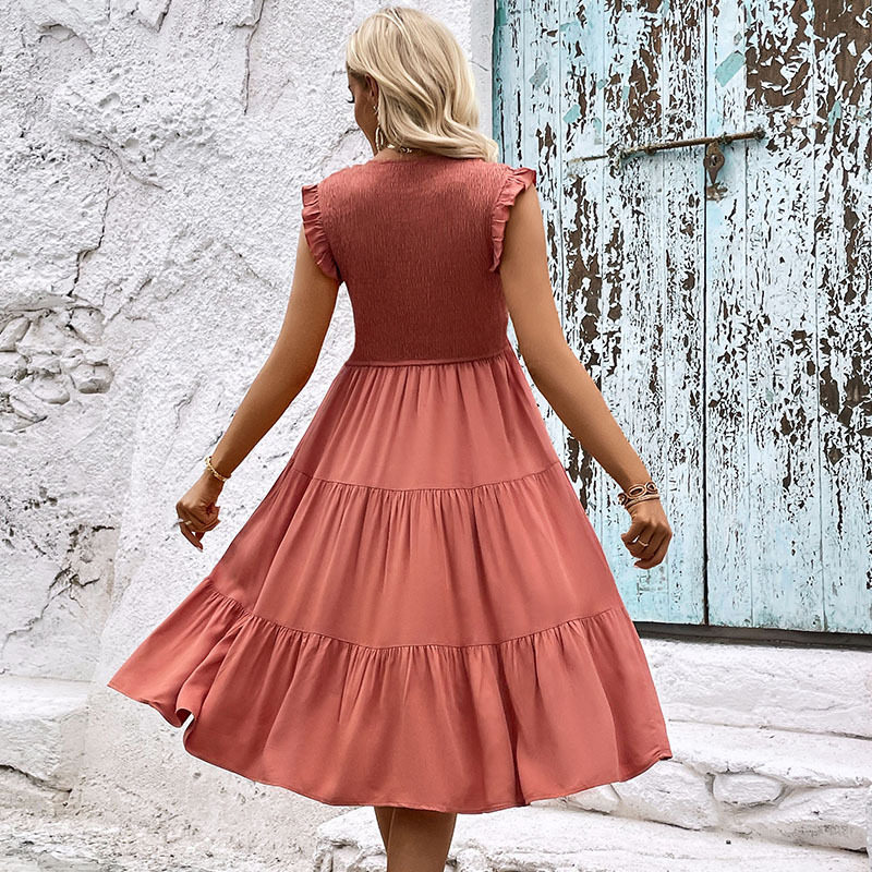 Summer Casual Ruffle Hem Dress Slim Fit Solid Color Lightweight Fabric Vacation or Everyday Wear Wholesale Available