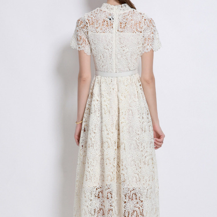 French Style Elegant Hollow Lace A Line Dress High End Lightweight Waist Defined Summer Fashion Wholesale Available