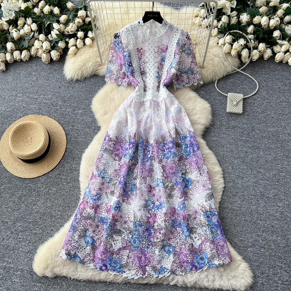 French Vintage Elegant Lace Dress High Quality Hollow Out Slim Fit Long Length Perfect for Formal Events Wholesale