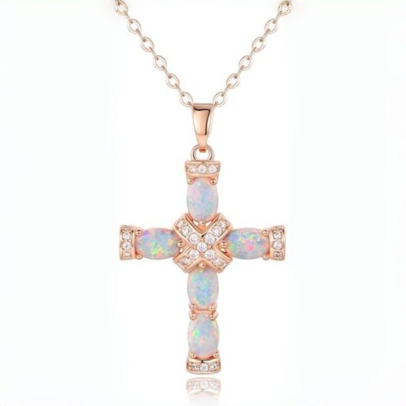 New Design White Imitation Opal Cross Pendant Necklace for Women Silver Jewelry