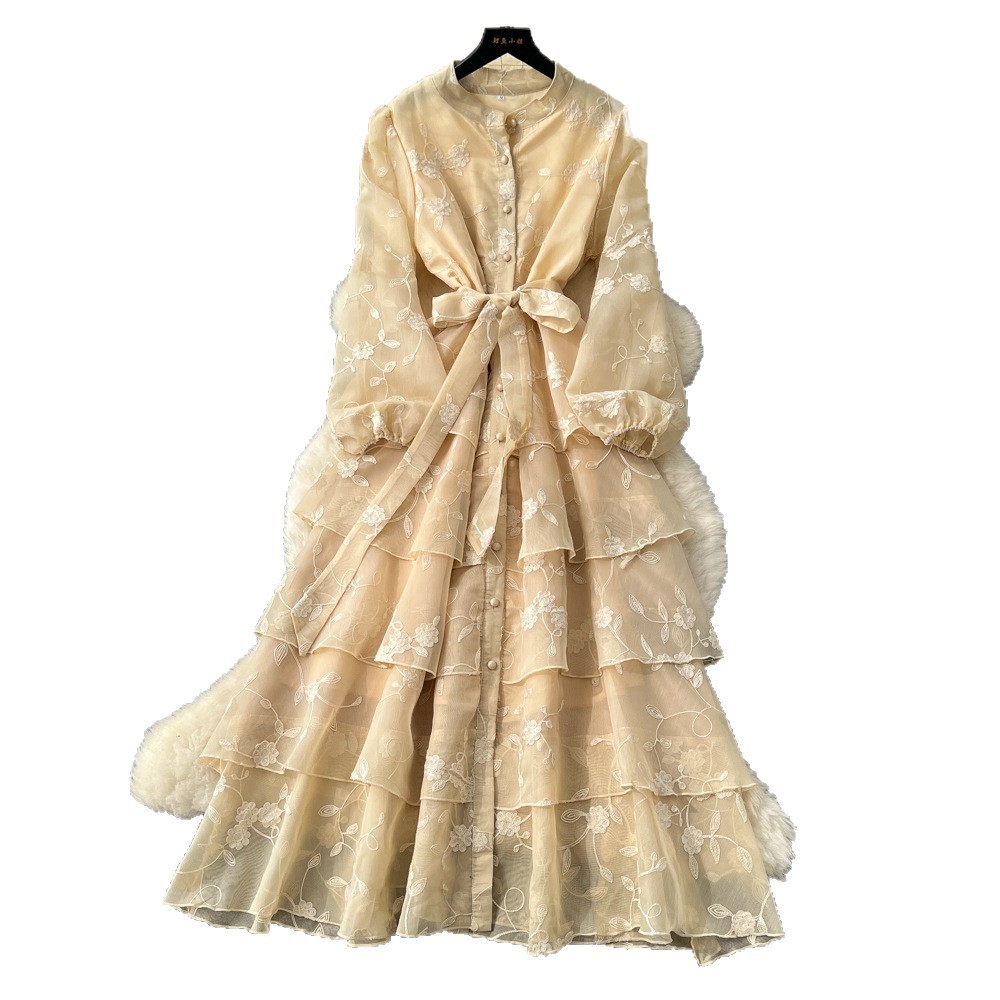 French Court Style Dress Elegant Embroidered Ruffles Waist Tie Button Closure Autumn Fashion for Women Wholesale