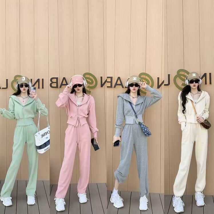 Fashion Casual Sports suit Women's Early Autumn Fashion Slim-fit Slimming Hooded Cardigan Long-sleeved Wide-leg Pants Two-piece Fashionable Set