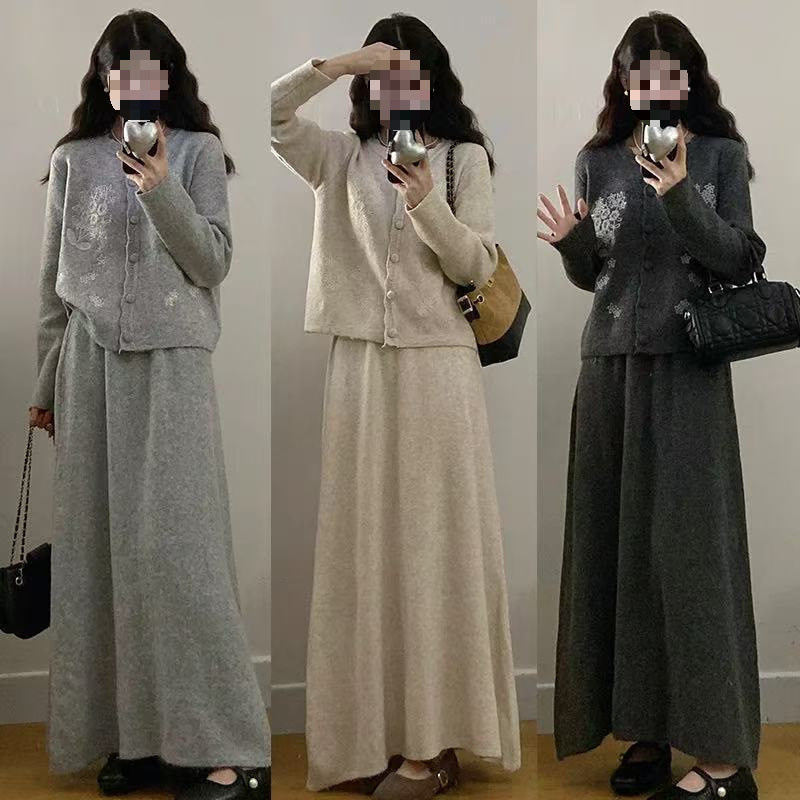 Casual Lazy Style Suit for Women in Autumn and Winter New Soft Waxy Embroidered Sweater Jacket Slimming Look Skirt Two-Piece Set Apricot Color
