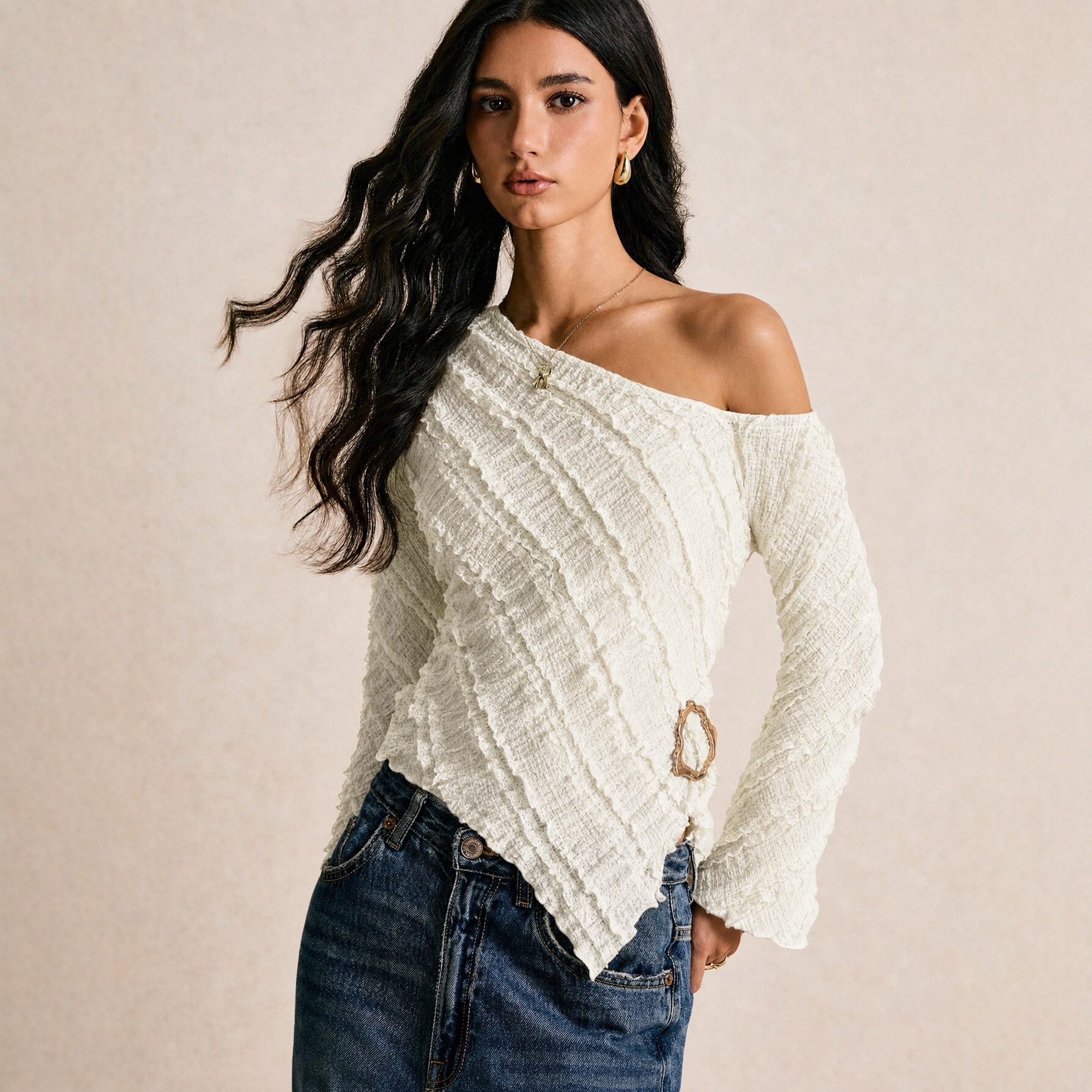 Asymmetrical Hem Long Sleeve T Shirt French Texture Slim Fit Flare Sleeve Stylish Design Casual Wear Wholesale