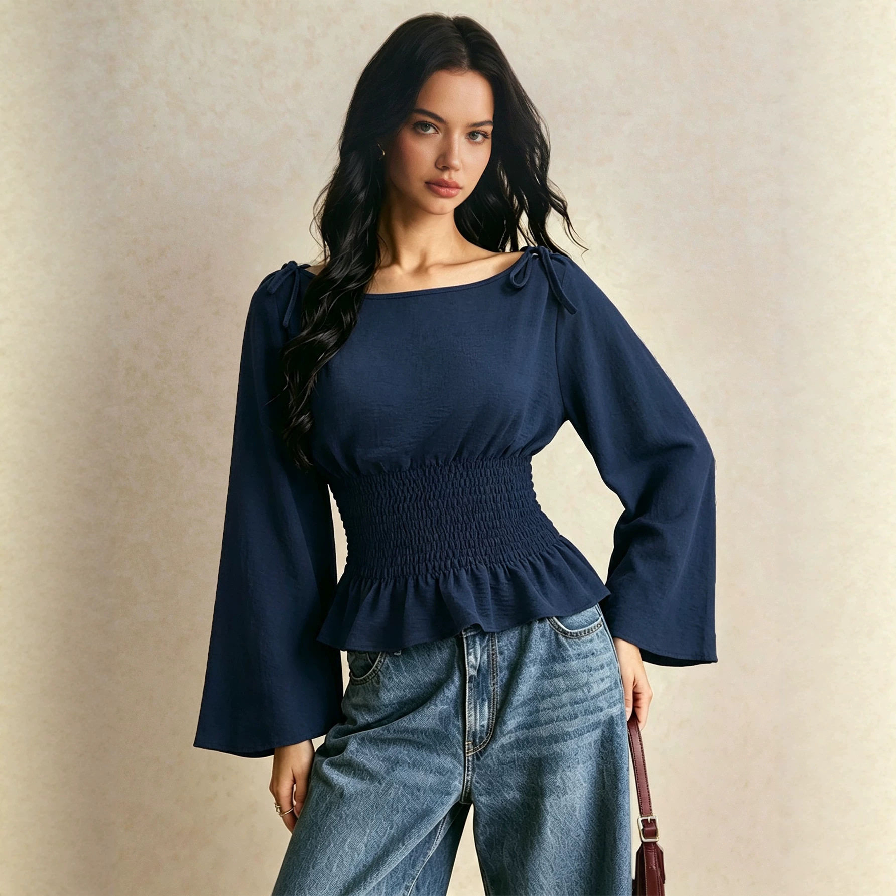Off Shoulder Tie Front T Shirt Flared Sleeves Ruffled Hem Slim Fit Casual Wear for Women Wholesale Available