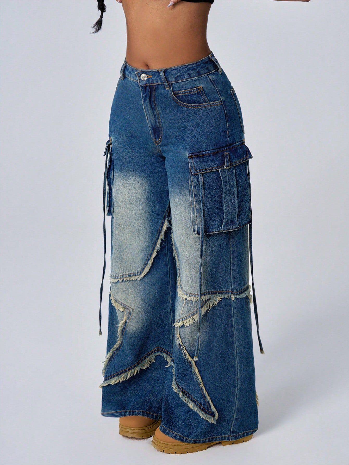 Vintage Star Print Denim Cargo Pants for Women Retro Style Casual Fit Versatile Wear Wholesale Available
