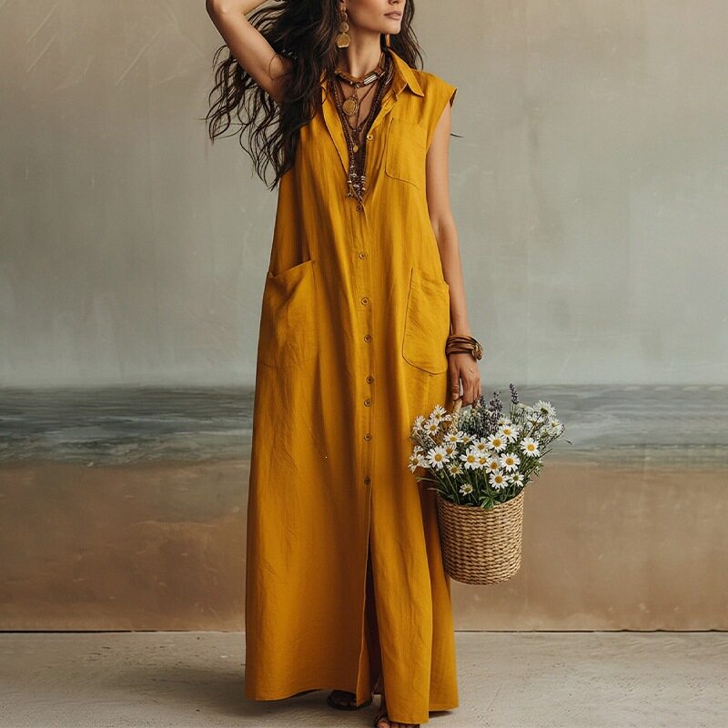 Loose Fit Button Up Long Dress Solid Color French Style Casual Vacation Wear Available for Wholesale