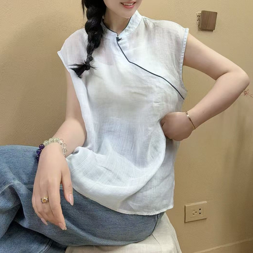Летняя новинка, рами, воротник-стойка, косой лацкан, Xiaofei, пуловер с длинным рукавом, рубашка, универсальная легкая маленькая рубашка, топ для женщин Изображение 1