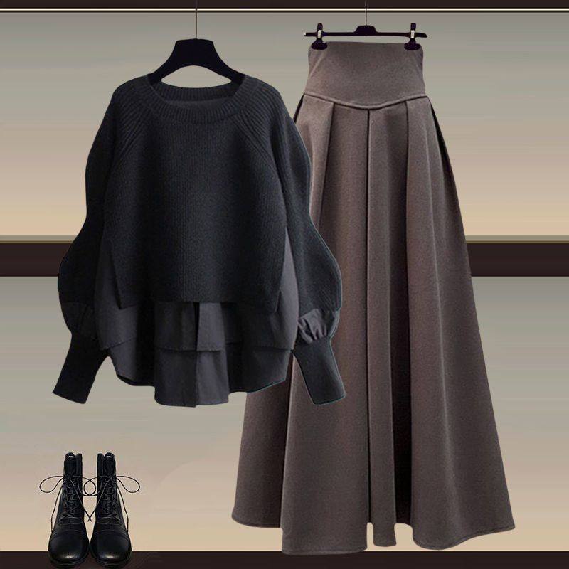 Autumn suit Women's 2025 New plus size Women's Fashion Fake Two-piece Top Elegant Slim Skirt Two-piece Set