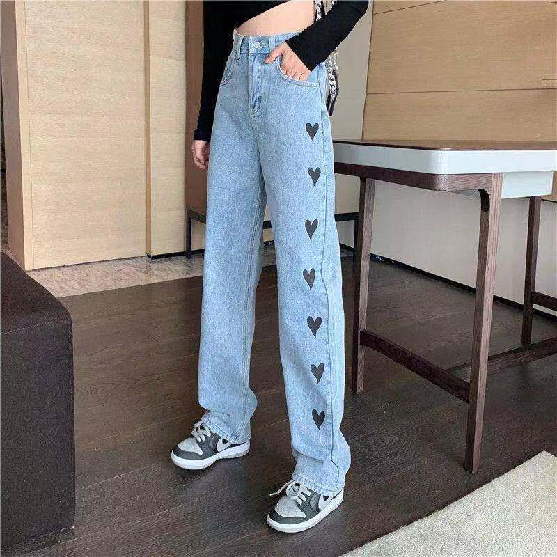 High Waisted Embroidered Heart Denim Pants Slim Fit Loose Wide Leg Casual Style Fall Collection Wholesale Available