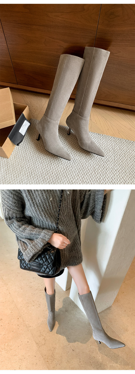 Boot nữ cổ cao mũi nhọn gót nhọn 6.5cm da lộn bò — Lớp lót đơn màu nâu, Lớp lót đơn màu xám, Lót nhung màu nâu, Lót nhung màu xám