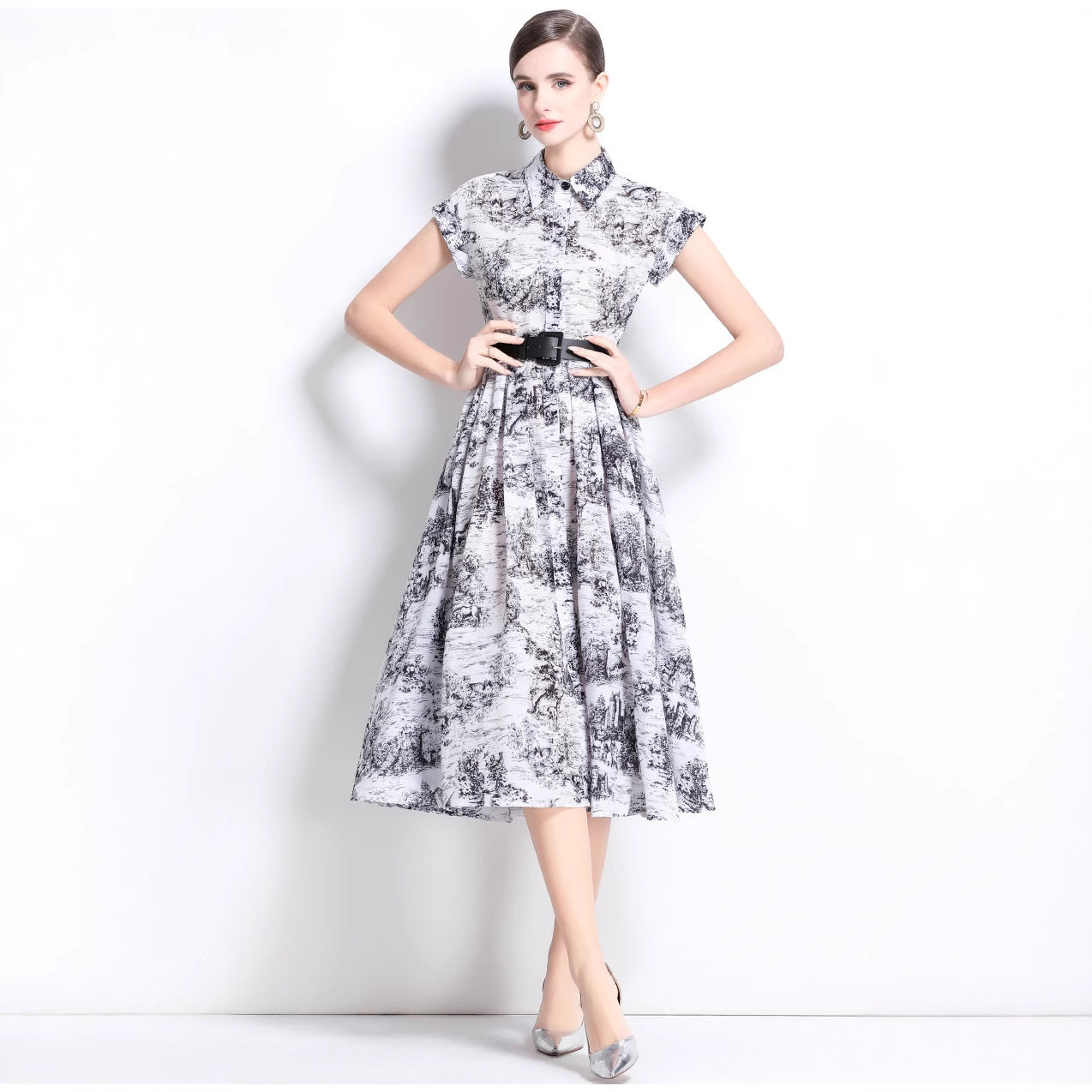 French Style Elegant Womens Dress Vintage Lapel Short Sleeve Waist Pleats Slim Fit Floral Print Perfect for