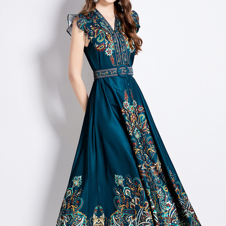 Vintage Inspired Elegant Floral Print Dress V Neck Lantern Sleeves Slim Fit Button Closure Perfect for Parties and