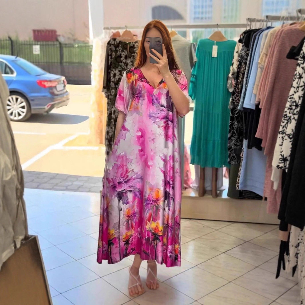 Summer Floral V Neck Maxi Dress for Women Casual Style Short Sleeves Lightweight Fabric Perfect for Vacations