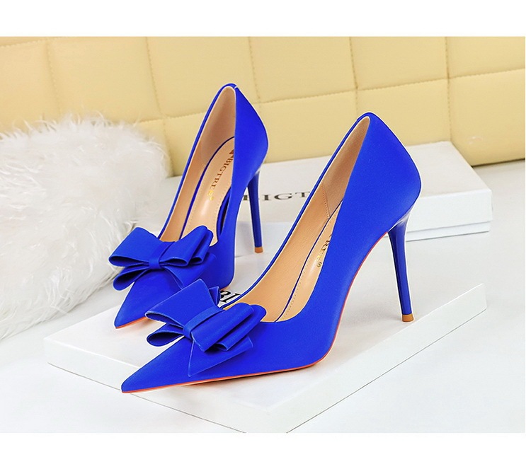 Giày cao gót nữ mũi nhọn chất liệu satin thắt nơ, giày dự tiệc thanh lịch — Màu đen, Màu đỏ hoa hồng, Màu đỏ rượu, Màu hồng