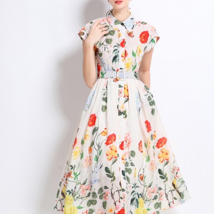French Style Short Sleeve Polo Dress Waist Defining Flowy A Line Floral Print Summer Elegance for Women Wholesale