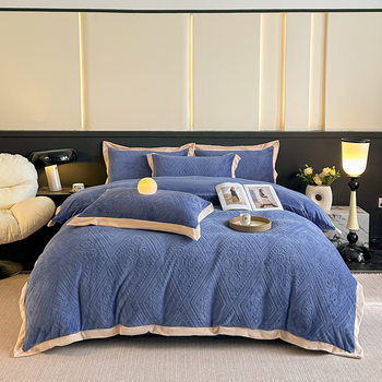 Autumn and Winter Class a Maternal and Infant Thickeneded Milk Velvet Four-Piece Set Stereo 5D Carved Velvet Bed Sheetss and Quilt Covers Bedding Nantong