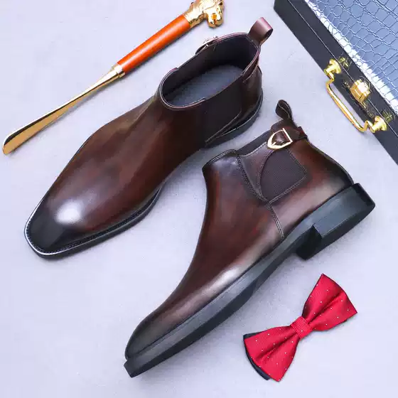 New Chelsea Boots Men Top Layer Cowhide Business Casual British Retro Burnished Genuine Leather High Top Slip-On Leather Boots