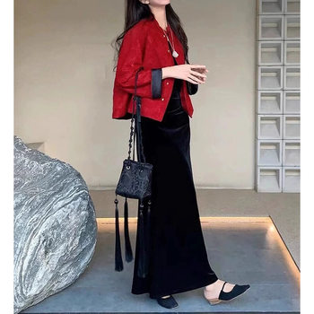 In-Stock Manufacturer Wholesale New Chinese Style Loose Buttoned Tang Suit Red Jacket Suspender Dress Two-Piece Set