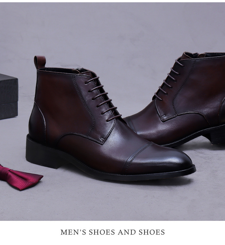 Giày boot nam cổ thấp da bò thật dây kéo phong cách công sở — đen, nâu