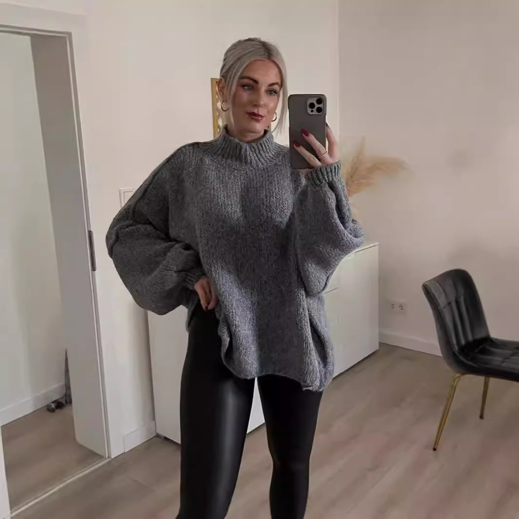 跨境亚马逊秋冬新款宽松半高领通勤风假反穿针织套头衫纯色毛衣女