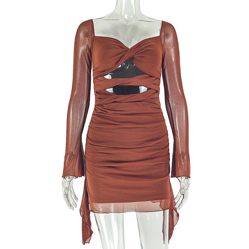 Sexy Hollow Out Bodycon Dress Long Sleeve U Neck Solid Color Fashionable for Parties and Events Wholesale Available