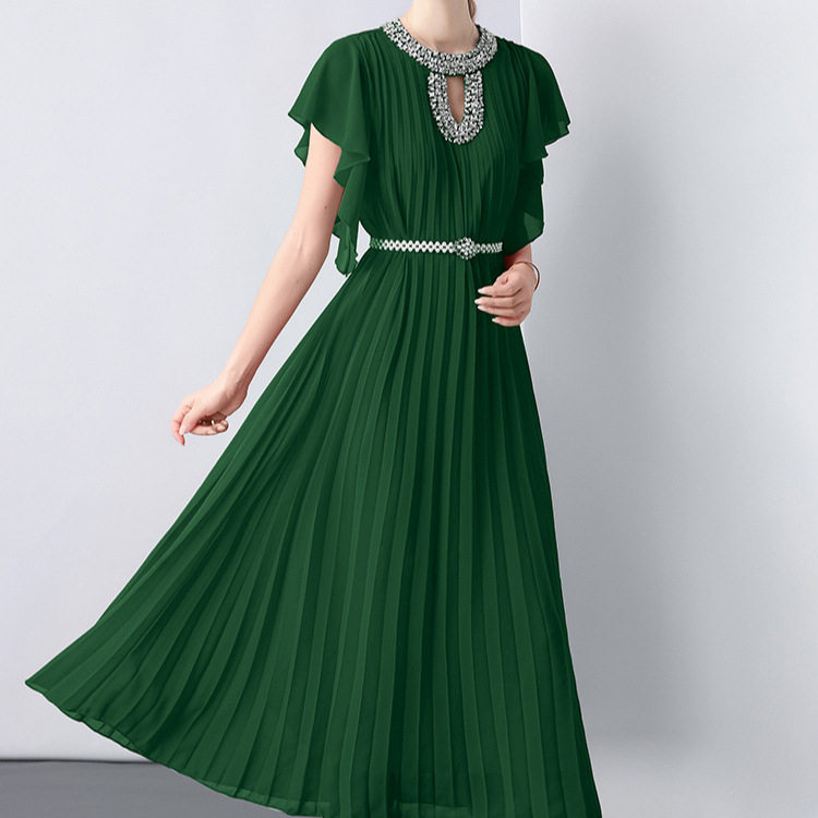 Elegant Long Dress Ruffled Sleeves Embellished Neckline Fitted Waist Vintage Style for Formal Occasions Wholesale