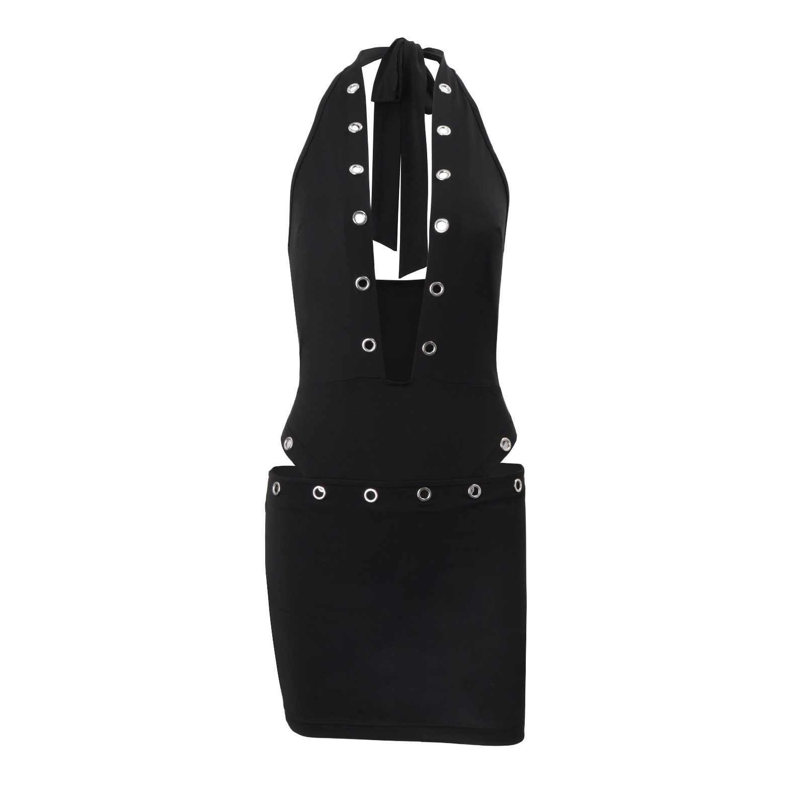 Womens Sexy Deep V Neck Hollow Out Halter Top and Bodycon Mini Skirt Set Autumn Collection Stylish Casual Wear