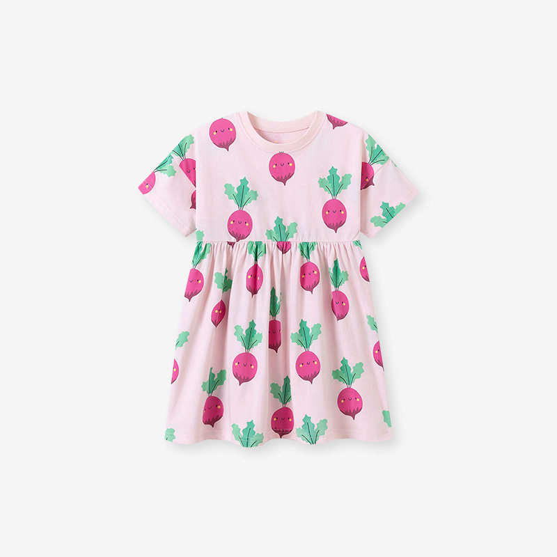 Girls' Summer Cotton Short-Sleeve Dress, Cute Radish Print Kids' Dress
