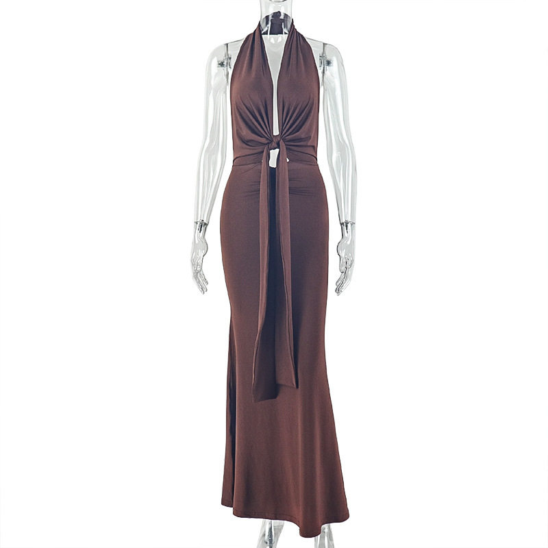 Fashionable Backless Halter Maxi Dress Loose Fit Ruched Design Comfortable Fabric Casual Home Wear Wholesale