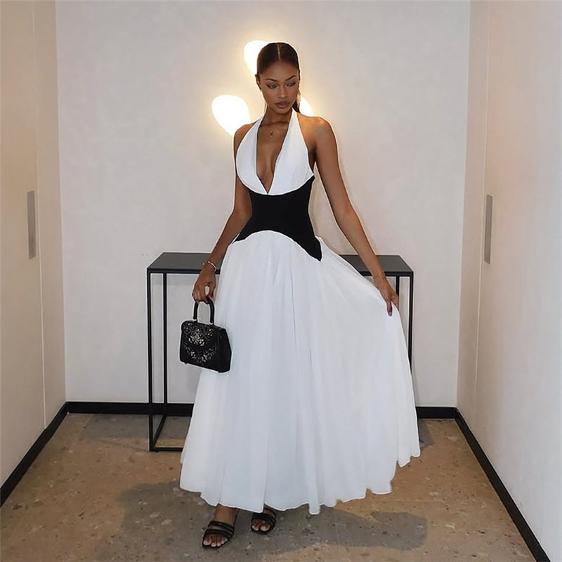 Summer Womens Dress Fashionable Sexy V Neck Halter Neck Color Block Waist Defined Perfect for Parties or Casual